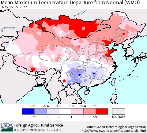 China, Mongolia and Taiwan Mean Maximum Temperature Departure from Normal (WMO) Thematic Map For 5/16/2022 - 5/22/2022