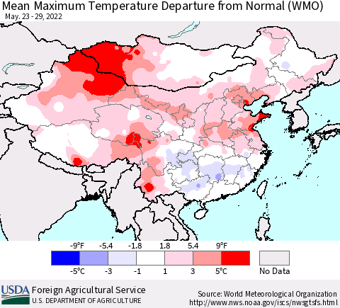 China, Mongolia and Taiwan Mean Maximum Temperature Departure from Normal (WMO) Thematic Map For 5/23/2022 - 5/29/2022