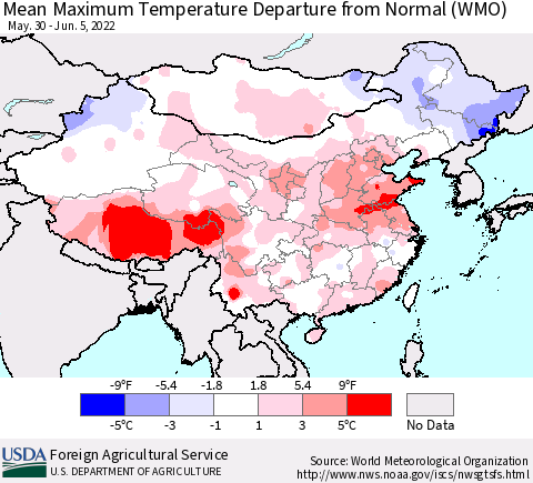 China, Mongolia and Taiwan Mean Maximum Temperature Departure from Normal (WMO) Thematic Map For 5/30/2022 - 6/5/2022