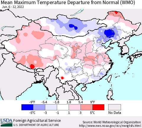 China, Mongolia and Taiwan Mean Maximum Temperature Departure from Normal (WMO) Thematic Map For 6/6/2022 - 6/12/2022