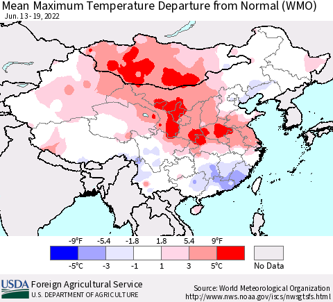 China, Mongolia and Taiwan Mean Maximum Temperature Departure from Normal (WMO) Thematic Map For 6/13/2022 - 6/19/2022