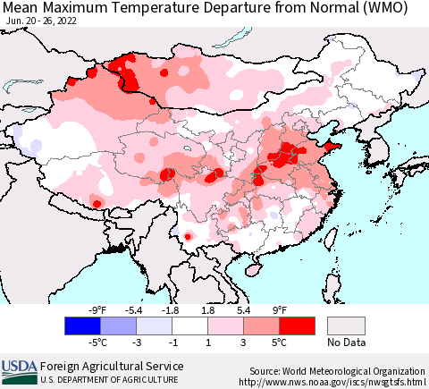 China, Mongolia and Taiwan Mean Maximum Temperature Departure from Normal (WMO) Thematic Map For 6/20/2022 - 6/26/2022