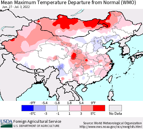 China, Mongolia and Taiwan Mean Maximum Temperature Departure from Normal (WMO) Thematic Map For 6/27/2022 - 7/3/2022