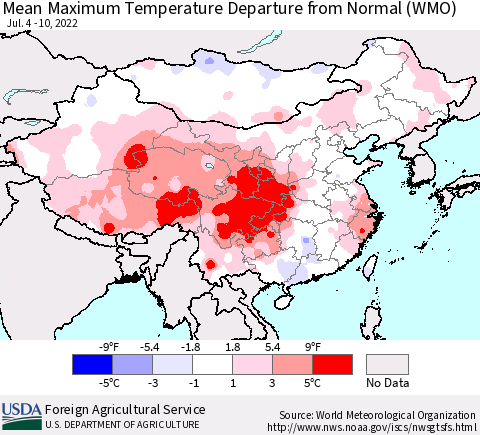 China, Mongolia and Taiwan Mean Maximum Temperature Departure from Normal (WMO) Thematic Map For 7/4/2022 - 7/10/2022