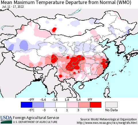 China, Mongolia and Taiwan Mean Maximum Temperature Departure from Normal (WMO) Thematic Map For 7/11/2022 - 7/17/2022
