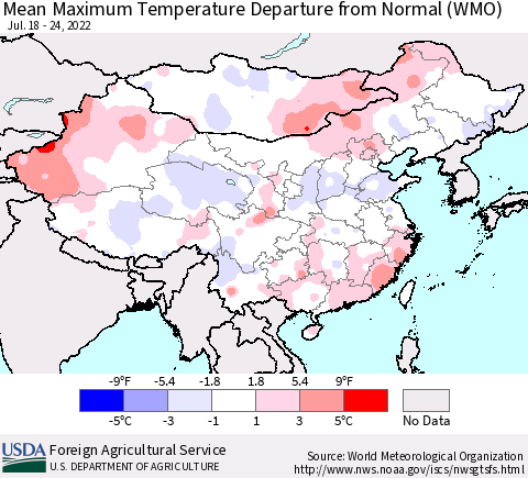 China, Mongolia and Taiwan Mean Maximum Temperature Departure from Normal (WMO) Thematic Map For 7/18/2022 - 7/24/2022