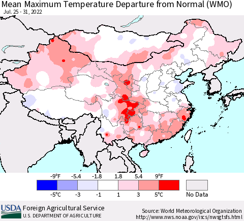 China, Mongolia and Taiwan Mean Maximum Temperature Departure from Normal (WMO) Thematic Map For 7/25/2022 - 7/31/2022
