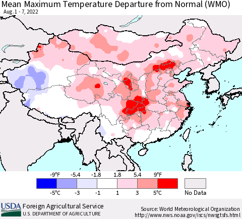 China, Mongolia and Taiwan Mean Maximum Temperature Departure from Normal (WMO) Thematic Map For 8/1/2022 - 8/7/2022