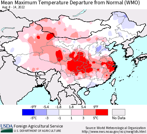 China, Mongolia and Taiwan Mean Maximum Temperature Departure from Normal (WMO) Thematic Map For 8/8/2022 - 8/14/2022