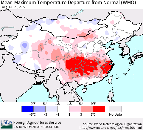 China, Mongolia and Taiwan Mean Maximum Temperature Departure from Normal (WMO) Thematic Map For 8/15/2022 - 8/21/2022