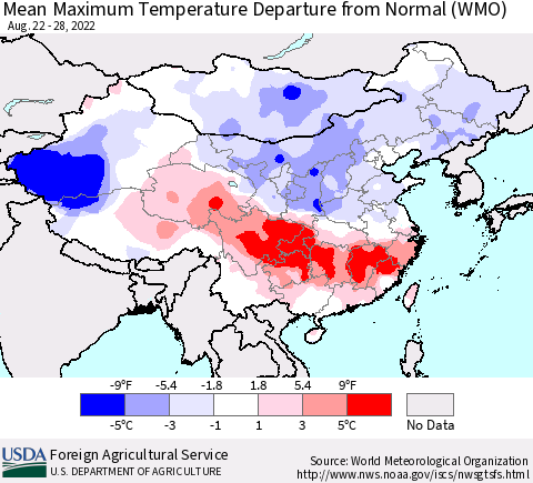 China, Mongolia and Taiwan Mean Maximum Temperature Departure from Normal (WMO) Thematic Map For 8/22/2022 - 8/28/2022