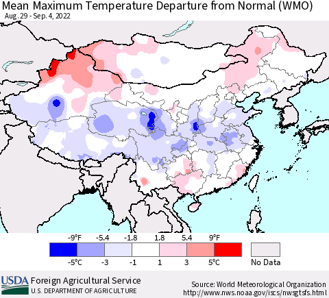 China, Mongolia and Taiwan Mean Maximum Temperature Departure from Normal (WMO) Thematic Map For 8/29/2022 - 9/4/2022