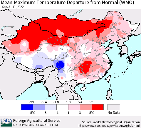 China, Mongolia and Taiwan Mean Maximum Temperature Departure from Normal (WMO) Thematic Map For 9/5/2022 - 9/11/2022