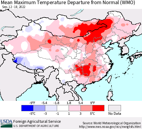 China, Mongolia and Taiwan Mean Maximum Temperature Departure from Normal (WMO) Thematic Map For 9/12/2022 - 9/18/2022