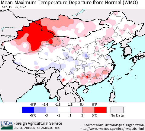 China, Mongolia and Taiwan Mean Maximum Temperature Departure from Normal (WMO) Thematic Map For 9/19/2022 - 9/25/2022