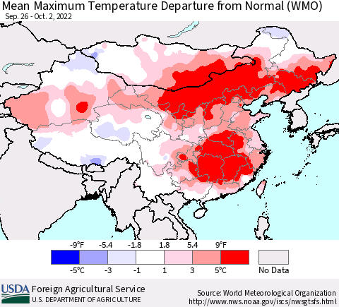 China, Mongolia and Taiwan Mean Maximum Temperature Departure from Normal (WMO) Thematic Map For 9/26/2022 - 10/2/2022