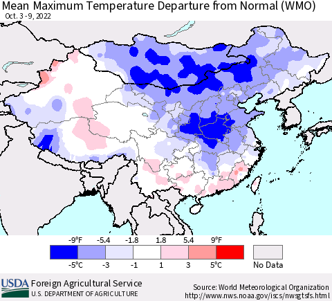 China, Mongolia and Taiwan Mean Maximum Temperature Departure from Normal (WMO) Thematic Map For 10/3/2022 - 10/9/2022