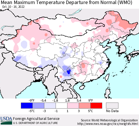 China, Mongolia and Taiwan Mean Maximum Temperature Departure from Normal (WMO) Thematic Map For 10/10/2022 - 10/16/2022