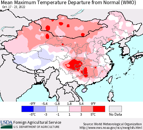 China, Mongolia and Taiwan Mean Maximum Temperature Departure from Normal (WMO) Thematic Map For 10/17/2022 - 10/23/2022