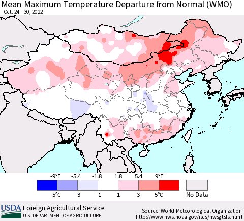 China, Mongolia and Taiwan Mean Maximum Temperature Departure from Normal (WMO) Thematic Map For 10/24/2022 - 10/30/2022