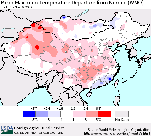 China, Mongolia and Taiwan Mean Maximum Temperature Departure from Normal (WMO) Thematic Map For 10/31/2022 - 11/6/2022