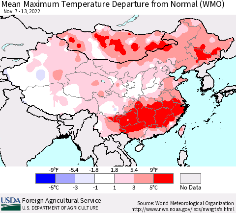 China, Mongolia and Taiwan Mean Maximum Temperature Departure from Normal (WMO) Thematic Map For 11/7/2022 - 11/13/2022