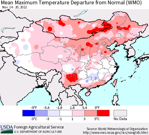 China, Mongolia and Taiwan Mean Maximum Temperature Departure from Normal (WMO) Thematic Map For 11/14/2022 - 11/20/2022