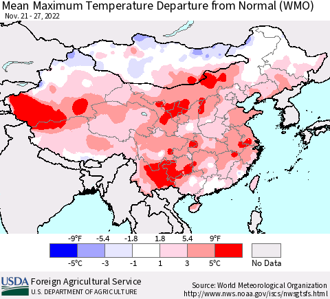 China, Mongolia and Taiwan Mean Maximum Temperature Departure from Normal (WMO) Thematic Map For 11/21/2022 - 11/27/2022