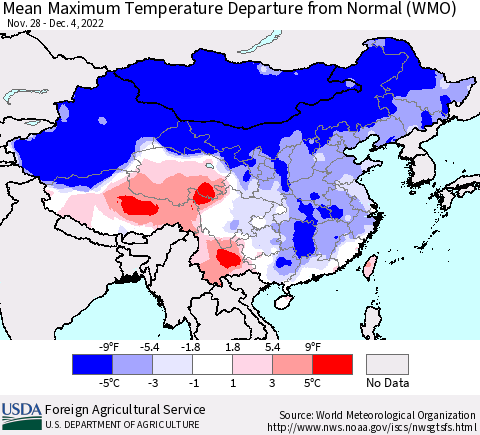 China, Mongolia and Taiwan Mean Maximum Temperature Departure from Normal (WMO) Thematic Map For 11/28/2022 - 12/4/2022