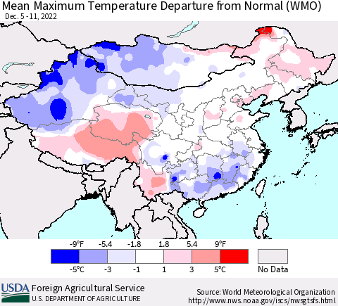 China, Mongolia and Taiwan Mean Maximum Temperature Departure from Normal (WMO) Thematic Map For 12/5/2022 - 12/11/2022