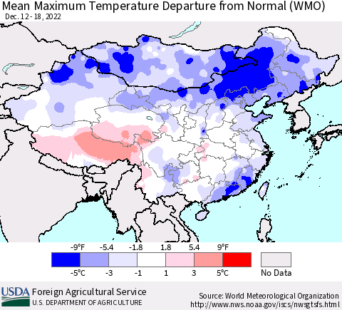 China, Mongolia and Taiwan Mean Maximum Temperature Departure from Normal (WMO) Thematic Map For 12/12/2022 - 12/18/2022