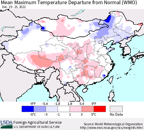 China, Mongolia and Taiwan Mean Maximum Temperature Departure from Normal (WMO) Thematic Map For 12/19/2022 - 12/25/2022