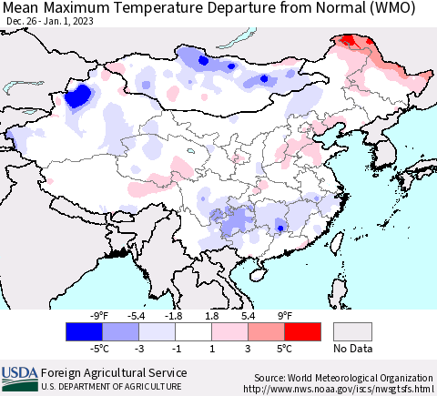 China, Mongolia and Taiwan Mean Maximum Temperature Departure from Normal (WMO) Thematic Map For 12/26/2022 - 1/1/2023