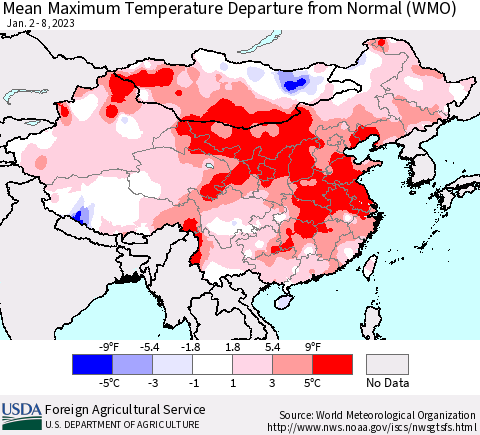 China, Mongolia and Taiwan Mean Maximum Temperature Departure from Normal (WMO) Thematic Map For 1/2/2023 - 1/8/2023