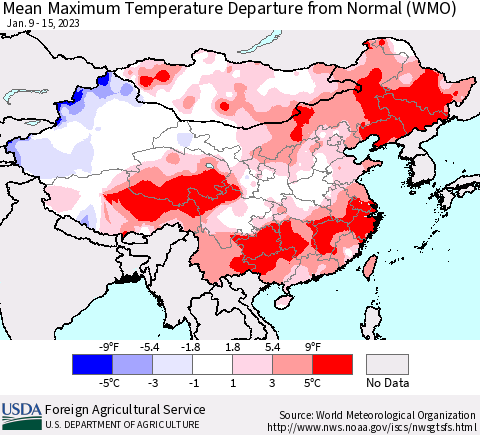 China, Mongolia and Taiwan Mean Maximum Temperature Departure from Normal (WMO) Thematic Map For 1/9/2023 - 1/15/2023