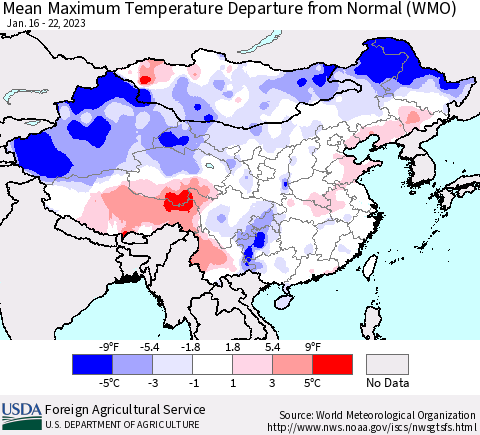 China, Mongolia and Taiwan Mean Maximum Temperature Departure from Normal (WMO) Thematic Map For 1/16/2023 - 1/22/2023
