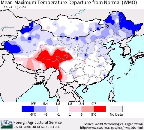 China, Mongolia and Taiwan Mean Maximum Temperature Departure from Normal (WMO) Thematic Map For 1/23/2023 - 1/29/2023