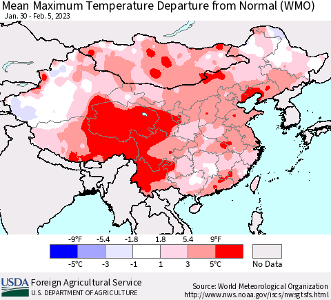 China, Mongolia and Taiwan Mean Maximum Temperature Departure from Normal (WMO) Thematic Map For 1/30/2023 - 2/5/2023