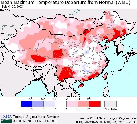 China, Mongolia and Taiwan Mean Maximum Temperature Departure from Normal (WMO) Thematic Map For 2/6/2023 - 2/12/2023