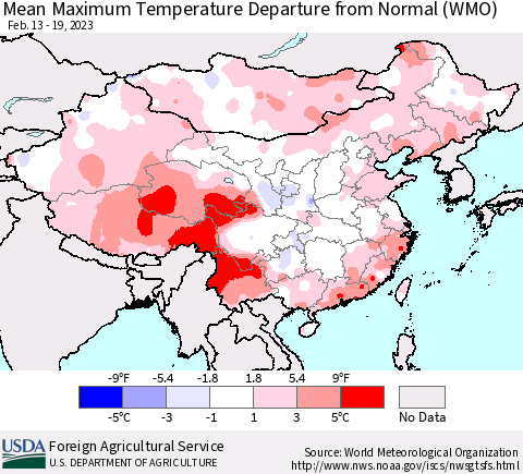 China, Mongolia and Taiwan Mean Maximum Temperature Departure from Normal (WMO) Thematic Map For 2/13/2023 - 2/19/2023