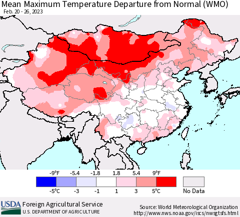 China, Mongolia and Taiwan Mean Maximum Temperature Departure from Normal (WMO) Thematic Map For 2/20/2023 - 2/26/2023