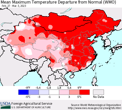 China, Mongolia and Taiwan Mean Maximum Temperature Departure from Normal (WMO) Thematic Map For 2/27/2023 - 3/5/2023