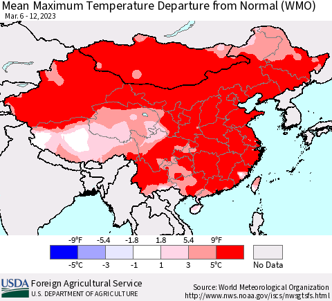 China, Mongolia and Taiwan Mean Maximum Temperature Departure from Normal (WMO) Thematic Map For 3/6/2023 - 3/12/2023