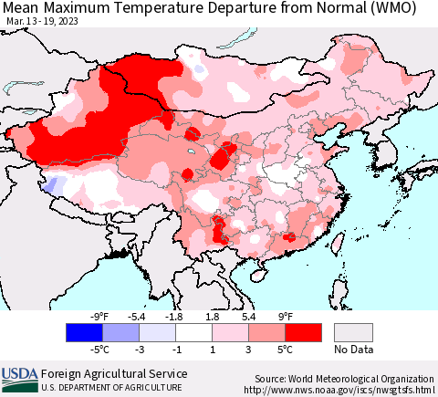 China, Mongolia and Taiwan Mean Maximum Temperature Departure from Normal (WMO) Thematic Map For 3/13/2023 - 3/19/2023