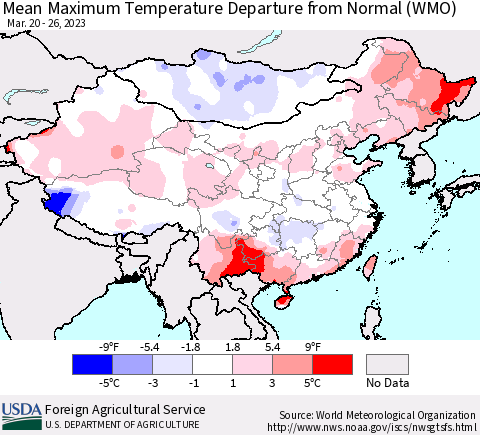 China, Mongolia and Taiwan Mean Maximum Temperature Departure from Normal (WMO) Thematic Map For 3/20/2023 - 3/26/2023