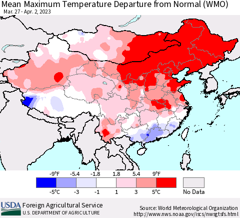 China, Mongolia and Taiwan Mean Maximum Temperature Departure from Normal (WMO) Thematic Map For 3/27/2023 - 4/2/2023