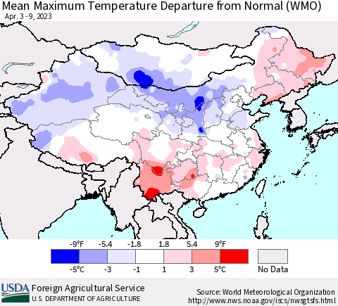China, Mongolia and Taiwan Mean Maximum Temperature Departure from Normal (WMO) Thematic Map For 4/3/2023 - 4/9/2023