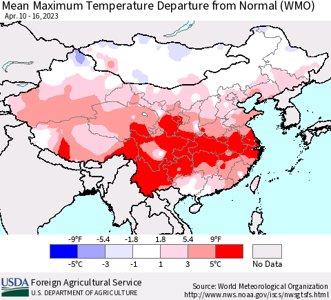 China, Mongolia and Taiwan Mean Maximum Temperature Departure from Normal (WMO) Thematic Map For 4/10/2023 - 4/16/2023
