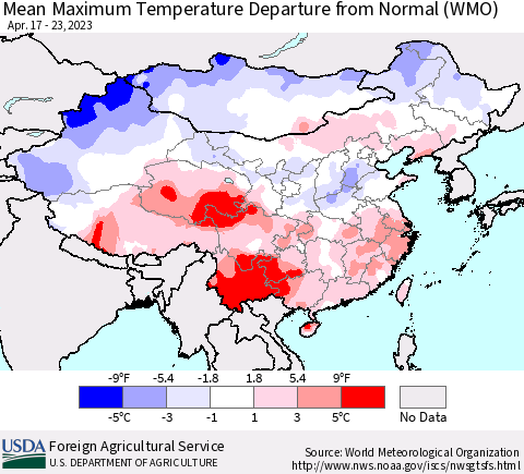 China, Mongolia and Taiwan Mean Maximum Temperature Departure from Normal (WMO) Thematic Map For 4/17/2023 - 4/23/2023