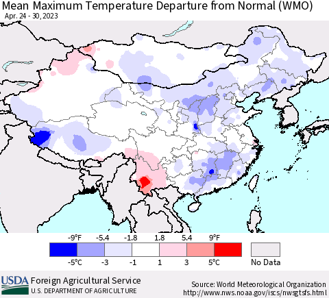 China, Mongolia and Taiwan Mean Maximum Temperature Departure from Normal (WMO) Thematic Map For 4/24/2023 - 4/30/2023